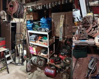 C clamps, tool cabinets, 2 wheel cart, work benches, metal cabinets, pancake compressor, tarps