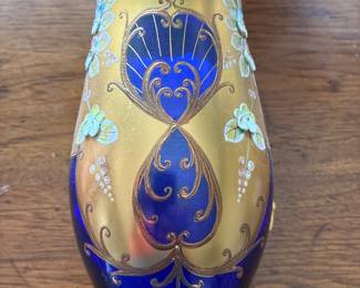 Vintage Egermann Czech Bohemian Cobalt Blue Gold Overlay Applied Enamel Flowers