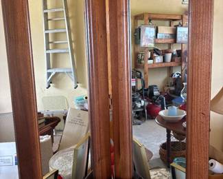 Mahogany Three-Panel Folding Dressing Mirror — vintage floor-standing vanity mirror with arched crown tops, beveled or plain glass panels, hinged for adjustable angles. Solid wood construction, warm finish. Great for a bedroom or vanity corner