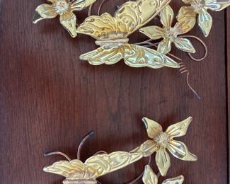 Pair of vintage brass butterfly & floral wall plaques
