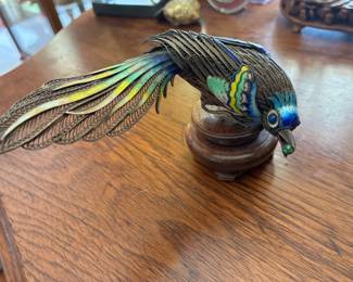 Antique Chinese Gilt Filigree Silver & Enamel Pheasant Bird on Wood Stand