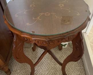 Vintage French Neoclassical Inlaid Marquetry Wood Side Table Ornate Legs