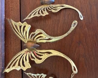 Set of 3 vintage solid brass butterfly wall hooks/towel bar holders — ornate wing detail, aged brass patina. Great for bathroom towels, robes, or decorative use. Sold as a set