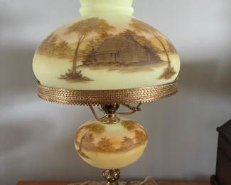 Fenton Custard Satin Glass Lamp painted Log Cabin