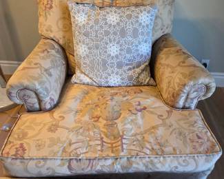 George Smith Armchair — Main Photo GEORGE SMITH ARMCHAIR — PRE-SALE $1,500 Authentic labeled George Smith deep-seat armchair with classic rolled arms, traditional floral upholstery, turned wood legs and brass casters. Coordinates beautifully with the George Smith sofa. Send us a message through EstateSales.NET with “George Smith Chair” for availability, additional information or private preview.