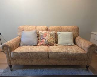 GEORGE SMITH ENGLISH SOFA — PRE-SALE $3,000 Authentic labeled George Smith, Newcastle, England sofa. Classic English rolled-arm profile with traditional floral upholstery, turned wood legs and brass casters. One of the signature pieces of the sale. Send us a message through EstateSales.NET with “George Smith Sofa” for availability, additional information, measurements or private preview.