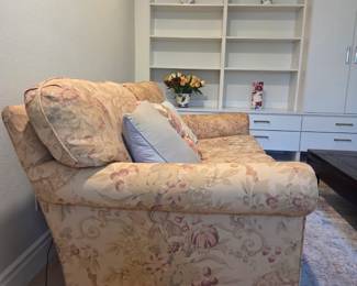 George Smith Sofa — Additional Photo GEORGE SMITH SOFA — ADDITIONAL VIEW Additional view showing the traditional floral upholstery, classic rolled-arm profile, turned wood legs and brass casters. Pre-sale price: $3,000