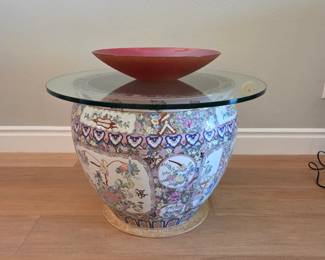Chinoiserie Porcelain Fishbowl Accent Table CHINOISERIE PORCELAIN FISHBOWL ACCENT TABLE — PRE-SALE $450 Large Rose Medallion-style decorated porcelain fishbowl base topped with a heavy round glass top. Distinctive decorative statement piece that works beautifully as an accent or occasional table. Send us a message through EstateSales.NET with “Chinoiserie Table” for availability, additional information, or private preview.