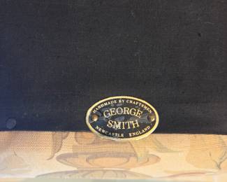 George Smith Sofa — Label GEORGE SMITH — MANUFACTURER LABEL Manufacturer identification on the George Smith sofa confirming George Smith, Newcastle, England. See accompanying photos for the complete sofa.
