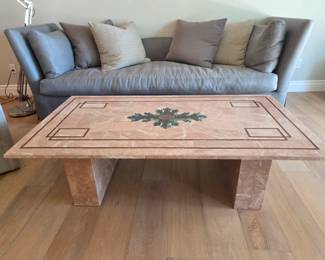 Decorative Pink Stone/Inlay Coffee Table DECORATIVE PINK STONE/INLAY COFFEE TABLE — PRE-SALE $1,125 Large statement coffee table featuring polished pink/rose-toned stone with decorative geometric inlay. Distinctive substantial centerpiece for a formal living or sitting room. Send us a message through EstateSales.NET with “Pink Coffee Table” for availability, measurements, or private preview.