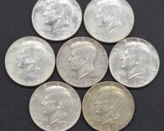 7 Kennedy Half Dollar Silver Coins 1965-1969