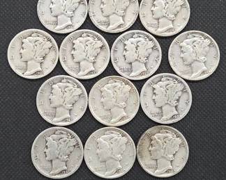13 U.S. Mercury Silver Dimes 1920s-1940s