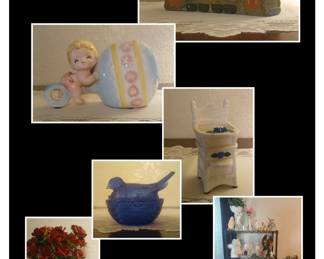 Vintage Collectables / Streetcar Piggy Bank / Vintage Baby Vases / L.E. Smith Blue Dove Candy Dish