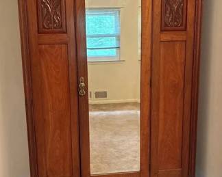 Antique Victorian Eastlake Oak Wardrobe, Paneled Construction w Mirrored Door, Approx. 77.5 H