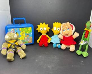 Mixed Plushie Lot And Lunch Box Muppets, Teenage Mutant Ninja Turtles, Simpsons, Sesame Street