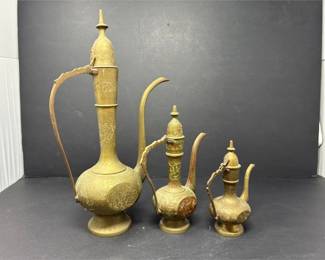 Set of Three 3 Vintage Middle Eastern Cast Brass Dallah Coffee Pots Ewers in Graduated Sizes