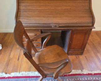 Antique Oak Tambour Rolltop Desk w Swivel Base Arm Chair, Desk Measures Approx. 43 H x 49 W x 30 D
