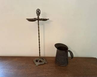 Two Vintage Household Pieces Cast Metal Smoking Stand and a Sheet Metal Pitcher
