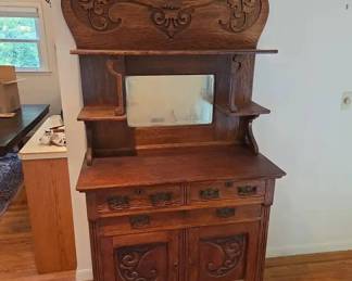 Elaborately Carved Antique Victorian Oak Sideboard or Buffet with Inset Glass Mirror