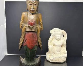 2 Southeast Asian Decor Pieces Carved Polychromed Wood Buddha, and Khmerstyle Temple Figure