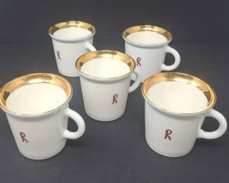 Set of 5 Roberta Di Camerino White Porcelain Coffee Mugs w Gilded Rims and R Monogram