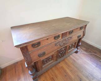Carved Antique Oak Sideboard or Buffet w Ornate Metal Pulls, Measures Approx. 38 H x 60 W x 26 D