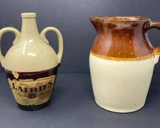 2 Vintage TwoTone Glazed Stoneware Vessels R.R.P. Co. Pitcher and Lairds Apple Brandy Jug