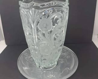 2 Vintage Clear and Frosted Crystal Pieces a Vase w Floral Motif, and Val St. Lambert Plate w Birds