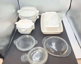 Mixed Lot of Vintage Corning Ware Blue Cornflower Casseroles, and Pyrex Lids