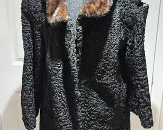 Vintage Black Persian Lamb Fur Coat with Mink Collar Monogrammed