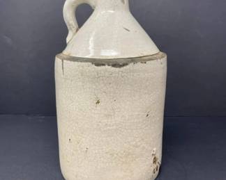 Antique American Stoneware Utility Whiskey Crock Jug w White Crackle Glazed Body, Approx. 9 1 2 H