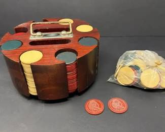 Rotating Wooden Poker Chip Carousel w Metal Handle and Over 200 Chips