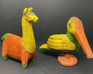 Set of Peruvian Folk Art Ceramic Llama and Pelican Figurines in Bright Yellow, Orange and Green