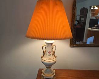 Vintage Hand Painted Porcelain Urn Table Lamp w Pleated Shade, Measures Approx. 26 H