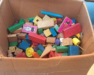 Large Mystery Lot of Childrens Wooden Blocks, Vintage Toys, and Miscellaneous Play Pieces