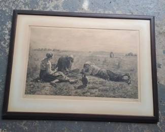 Antique Etching Titled Luncheon in the Harvest Field by Lionel Le Couteux Publ. by M. Knoedler