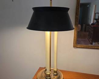 Vintage Frenchstyle Brass Bouillotte Double Socket Table Lamp w Matte Black Shade