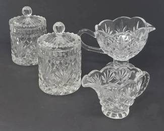 Lot of Four 4 Clear Pattern Glass Tableware or Decor Pieces w Faceted Diamond Fan Motif