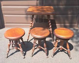 Antique Furniture Suite 3 SwivelTop Stools and 1 Side Table, All w Brass Claw Glass Ball Feet
