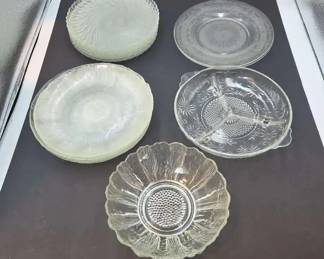 Mixed Collection of Vintage Clear Pressed Glass Plates and Serving Pieces in Assorted Patterns
