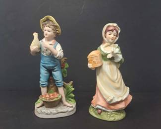 Pair Of Lefton China Harvest Themed Boy and Girl Figurines, Each Approx. 8 H, One w Repair