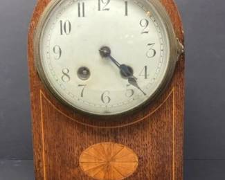 Classic Edwardian Mahogany Lancet Top Mantel Clock w Satinwood Fan and String Inlay