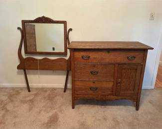 Antique Oak Washstand Commode with Coordinated Dressing Mirror