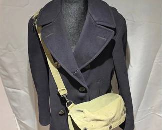 Vintage Dark Navy Blue Peacoat, Size 38, w Olive Drab Canvas Military Shoulder Bag