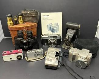 7 Piece Mixed Lot of Digital and Manual Cameras in Assorted Brands, w Binoculars and Opera Glasses