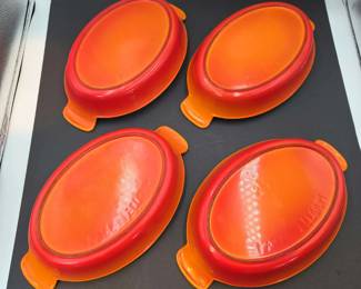 4 Vintage Descoware Belgium Cast Iron Oval Casserole Dishes in Flame Orange Enamel