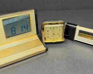 3Piece Lot of Vintage Travel and Desk Clocks Incl. Bulova, Sloan, and Nippon Express