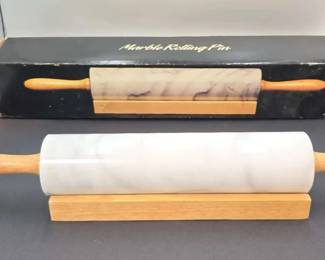 Vintage HiMARK Marble Rolling Pin w Wooden Cradle and Original Box, Approx. 18 Long