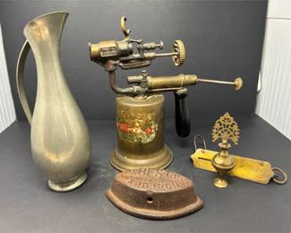 5Piece Antique Vintage Metalware and Tool Lot Incl. a Scale, Pitcher, and Decorative Brass Bottle