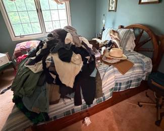 clothes, wagon wheel bed headboard & frame